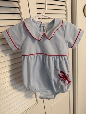 Sweet Dreams Light Blue Romper with Red Trim and Lobster